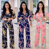 Women fashion three-quarter sleeve sexy v neck print jumpsuit M8228