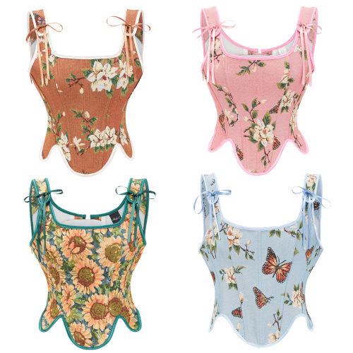 Retro Embroidery Straps Aesthetic Overbust Corset Crop Tops M22045