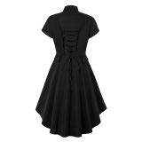 Vintage Short-Sleeved Women's Waist Slim-Fit Irregular Dress Black Witch Dress A9066