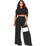 Fashion Crop Solid Color Wide Leg Pants Two Sets 9411