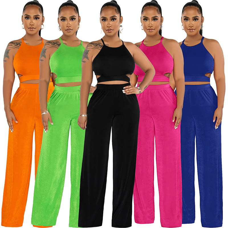 Women's Halter Cross-Strap Solid Color Wide-Leg Pants Two Piece Set 9428