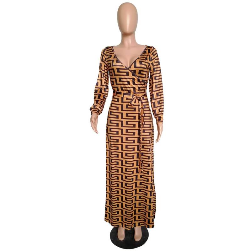 Printed deep v neck long sleeve maxi dress M8300