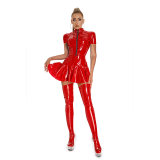 Women Sexy Shiny PVC Leather Nightclub Latex Pleated Mini Dress XX6392