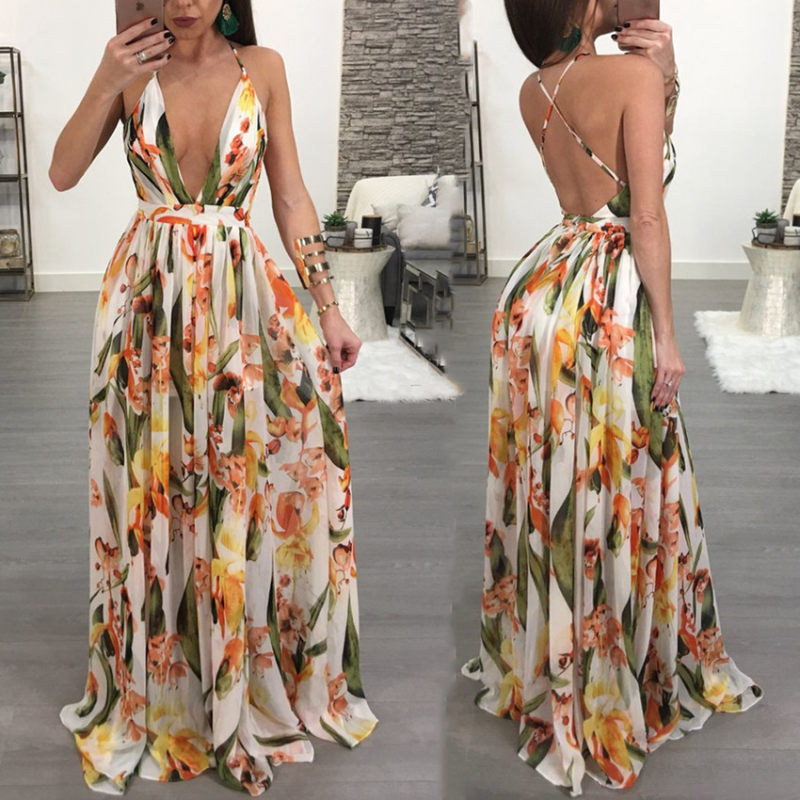 Fashion Ladies Summer Print Floral Boho V Neck Beach Casual Maxi Dresses Long M8212