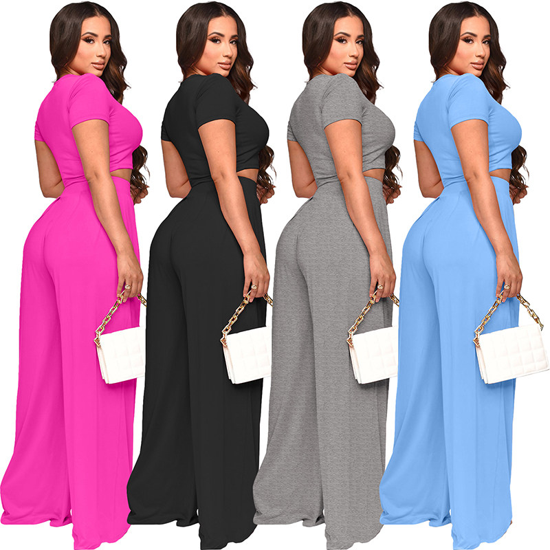 Fashion Crop Solid Color Wide Leg Pants Two Sets 9411