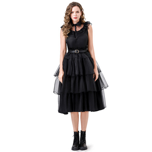 Adams Costume Black Tulle Dress Wednesday Halloween Ethos Witch Vampire Show Costume YM079