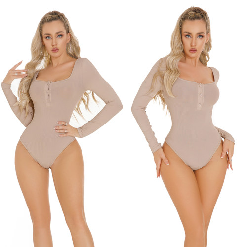 New Sexy Underwear Skin Tight Jumpsuit Deep V-neck Long Sleeve Button One-piece Bodysuit XX1599