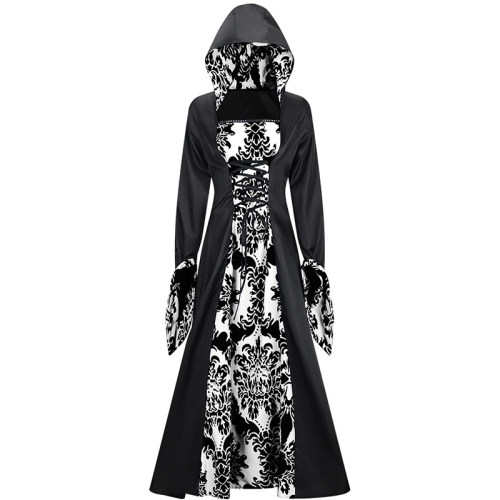 Medieval Court Dress Costume Women Cosplay Retro Long Sleeve Hooded Print Party Dress SM243