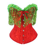 Women Christmas Corset Bustier Top with Sequin Tassels Gothic Party Night Korsett Christmas Costumes