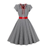 Women Retro Dress Black And White Check Belt Slimming Casual Dress 5039