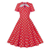 Hepburn Style Round Neck Bow Lace Up Polka Dot Retro Swing Dress Woman 5157