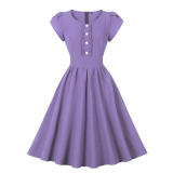 Vintage Women Bubble Short Sleeve Button Design Big Swing Mid Length Dress 5043