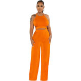 Women's Halter Cross-Strap Solid Color Wide-Leg Pants Two Piece Set 9428