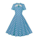 Hepburn Style Round Neck Bow Lace Up Polka Dot Retro Swing Dress Woman 5157