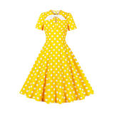 Hepburn Style Round Neck Bow Lace Up Polka Dot Retro Swing Dress Woman 5157