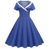 Polka Dots V Neck Women Casual Royal Blue Prom Spring Dresses JY15122