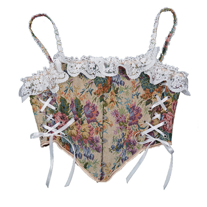 Vintage Corset Bustier Tops Y2K French Style Women Floral Print Overbust Corselet M21647