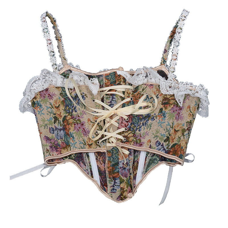 Vintage Corset Bustier Tops Y2K French Style Women Floral Print Overbust Corselet M21647