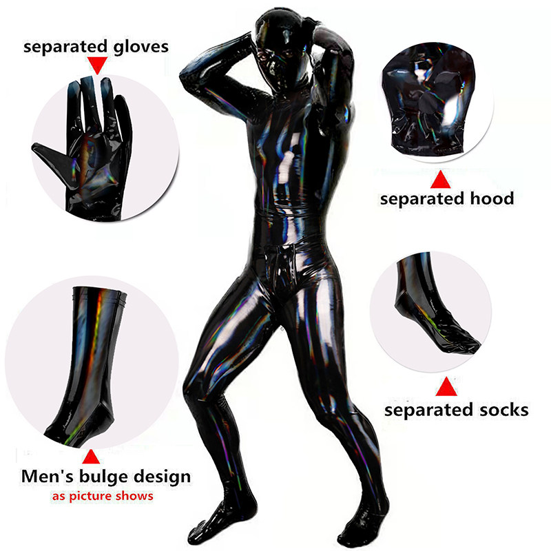 Mens Sexy PVC Leather Bodysuit Wet Look Bottom Crotch Zip Full Coat Zentai Tight Catsuit Jumpsuits XX6919