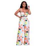 print floral women sexy tank top and Wide leg pants two piece outfits M30124