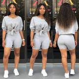 Solid Cotton T Shirts And Shorts Women Two Piece Set M9163