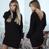 Women Long Sleeve Backless V Neck Lace Patchwork Sweater Dress M30413