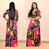 Women V-Neck Half Sleeves Chain Print Maxi Dress M8349