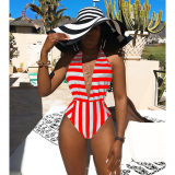 women halter deep V neck white black stripe one piece swimwear M8364