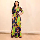Women V-Neck Half Sleeves Chain Print Maxi Dress M8349