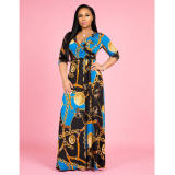Women V-Neck Half Sleeves Chain Print Maxi Dress M8349