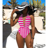 women halter deep V neck white black stripe one piece swimwear M8364