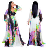 New Summer Printed Chiffon V-neck Maxi Dress M8380