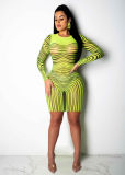 Long Sleeve Striped Mesh Sexy Bodycon Dresses M8366