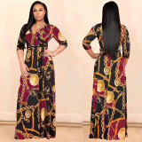 Women V-Neck Half Sleeves Chain Print Maxi Dress M8349