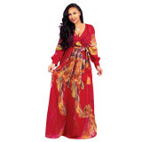 Women Maxi print dress long high quality Summer Beach Chiffon Party Dress M8214