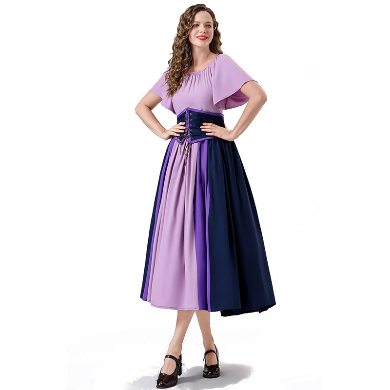 Vintage Dress Color Contrast Patchwork One-line Shoulder Gown Skirt Pompadour Dress YM0819