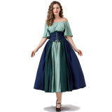 Vintage Dress Color Contrast Patchwork One-line Shoulder Gown Skirt Pompadour Dress YM0819