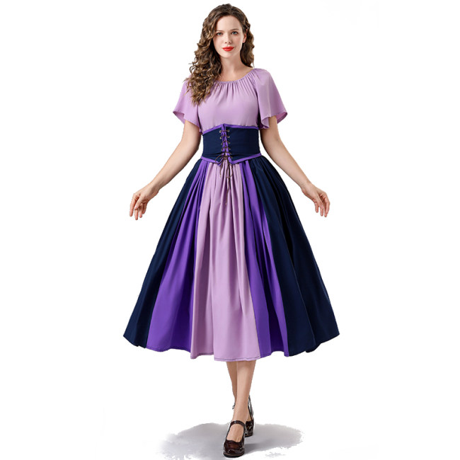 Vintage Dress Color Contrast Patchwork One-line Shoulder Gown Skirt Pompadour Dress YM0819