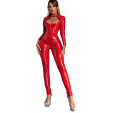 Sexy Open Crotch Women Patent Leather Bright Jumpsuit Sex Uniform 68039