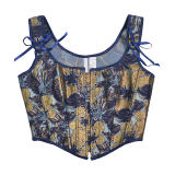 Blue Gold Flower Bustier Half Breast Leaf Print Vest Woman Vintage Chest Wrap Court Corset  SML388