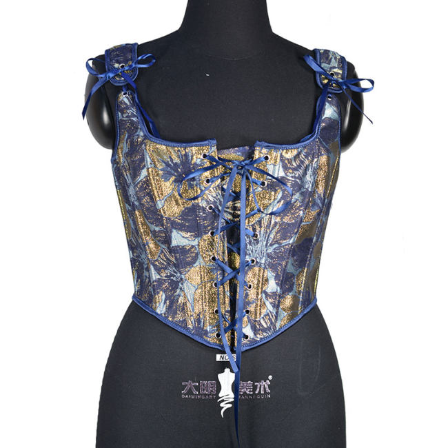 Blue Gold Flower Bustier Half Breast Leaf Print Vest Woman Vintage Chest Wrap Court Corset SML388