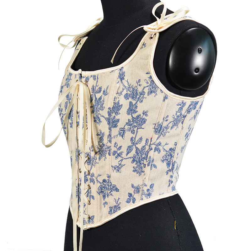 Lace-up Corset Vintage Large Orchid Print Bustier Crop Folded Waistcoat Blouse Corset SML21008