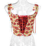 Plant Flowers Bustier Yarn-Dyed Jacquard Oil Painting Style Ink Chrysanthemum Vintage Corset  SML1101