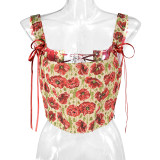Plant Flowers Bustier Yarn-Dyed Jacquard Oil Painting Style Ink Chrysanthemum Vintage Corset  SML1101