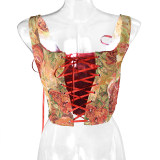 Double Vest Chest Top Butterfly Shoulder Strap Knot Ink Chrysanthemum Fishbone Corset SML1102