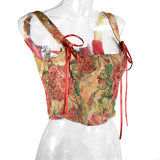 Double Vest Chest Top Butterfly Shoulder Strap Knot Ink Chrysanthemum Fishbone Corset SML1102