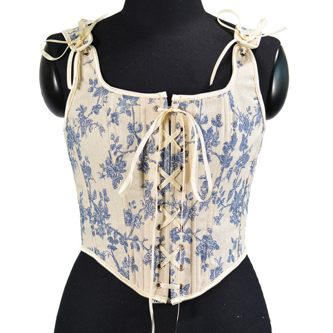 Lace-up Corset Vintage Large Orchid Print Bustier Crop Folded Waistcoat Blouse Corset SML21008