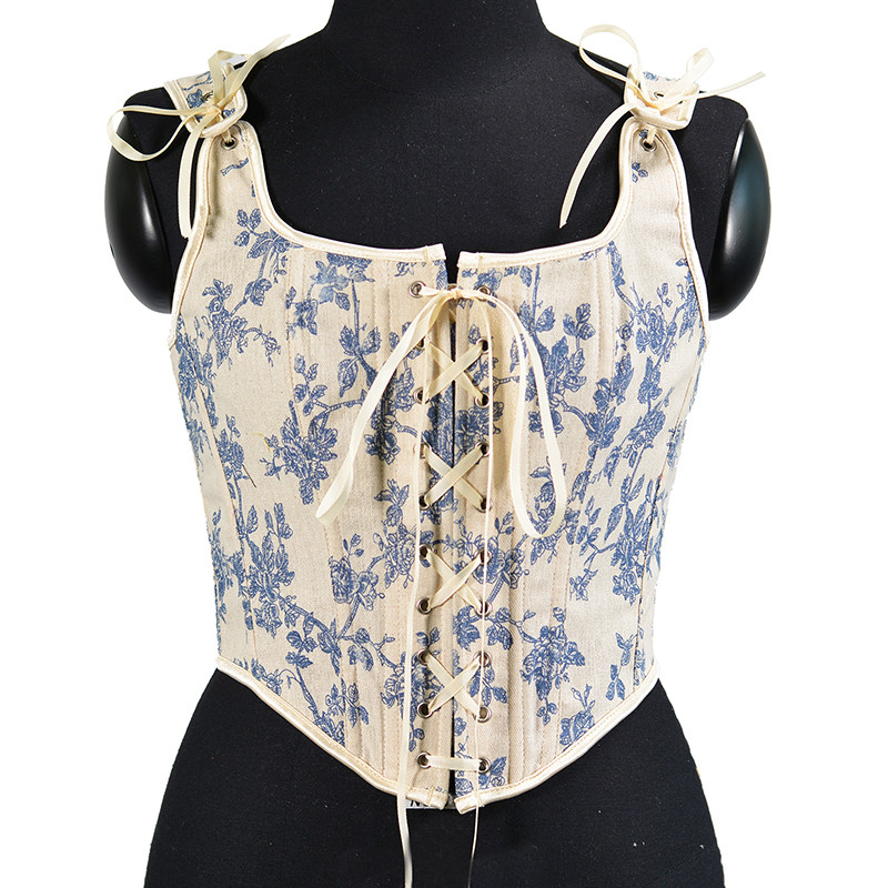Lace-up Corset Vintage Large Orchid Print Bustier Crop Folded Waistcoat Blouse Corset SML21008