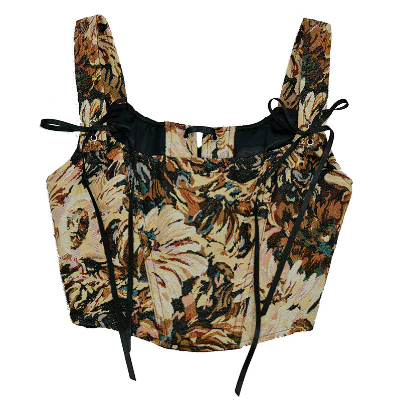 Plant Flowers Bustier Yarn-Dyed Jacquard Oil Painting Style Ink Chrysanthemum Vintage Corset  SML1101