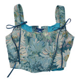 Plant Flowers Bustier Yarn-Dyed Jacquard Oil Painting Style Ink Chrysanthemum Vintage Corset  SML1101